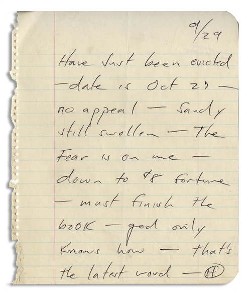Hunter S. Thompson Autograph Letter Signed -- ''Have just been evicted...Sandy still swollen [pregnant] - The Fear is on me...''